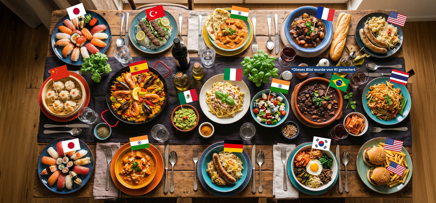 internationale Küche, verschiedene Gerichte, Tischgedeck, Sushi, Pasta