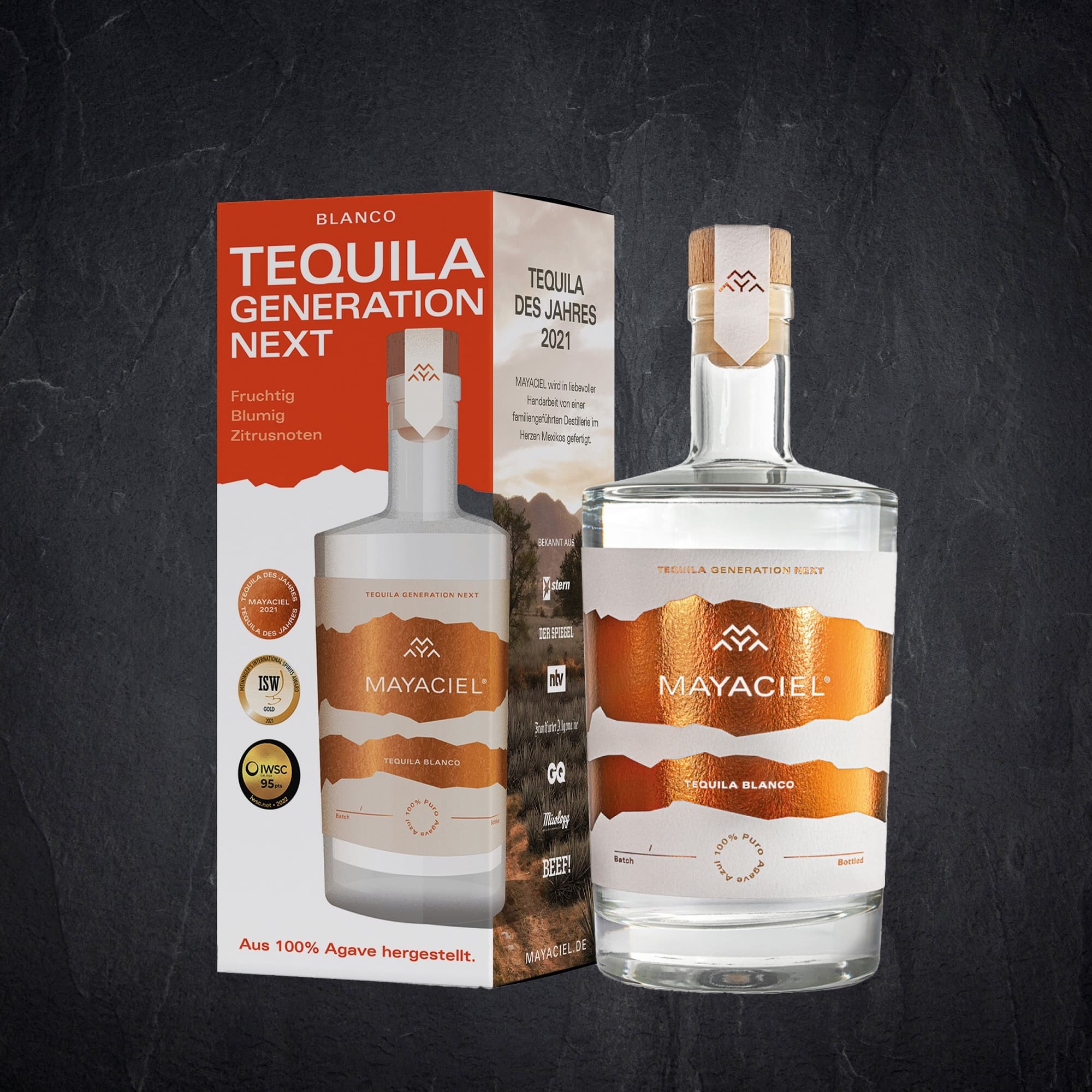 831603_Mayaciel_Tequila_BlancoProduktbild: Flasche mit Alkoholischem Getränk