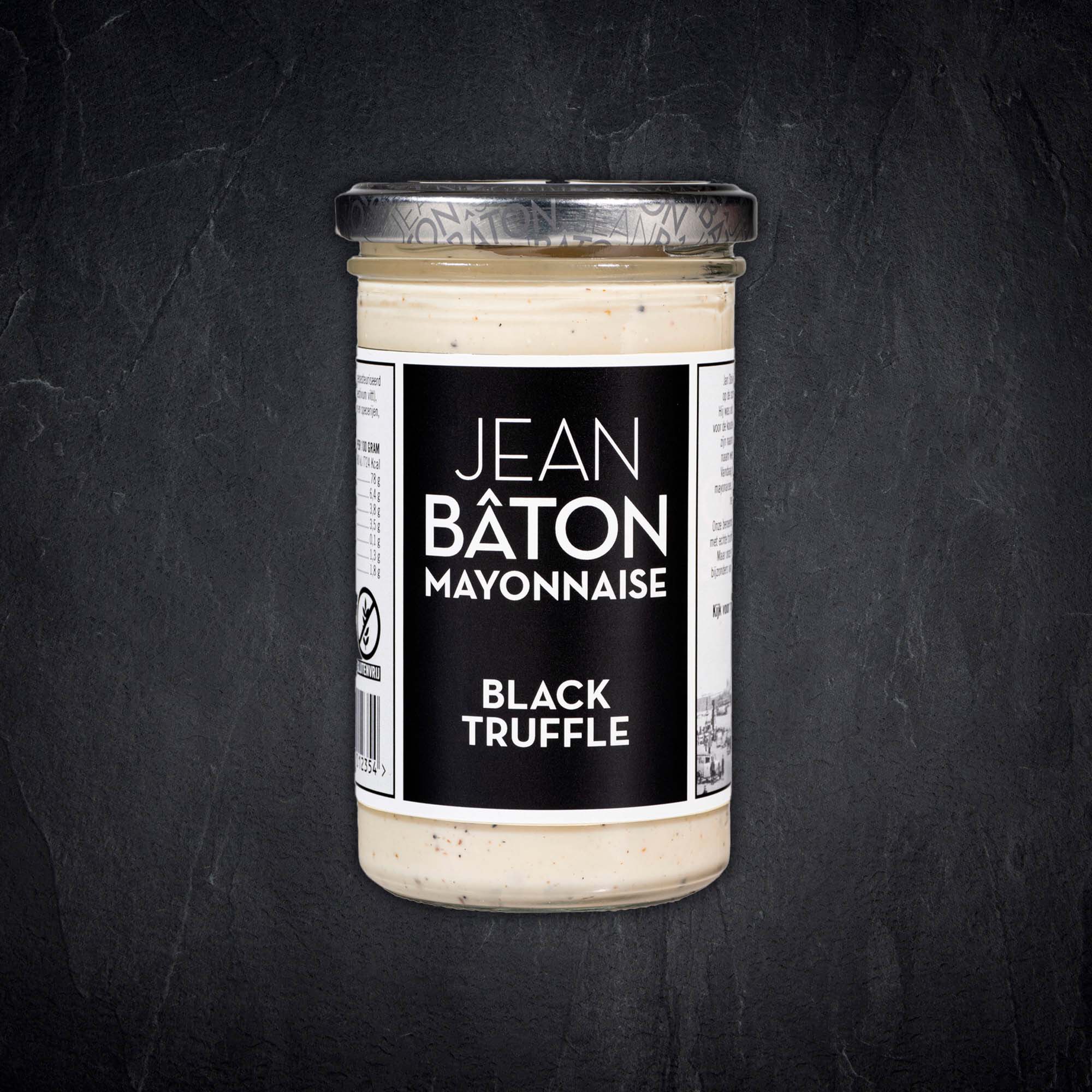 Jean Baton Mayonnaise Schwarte Truffel Produktbild: Mayonaisen Glas mit schwarzen Trüffeln Geschmack von Jean Baton